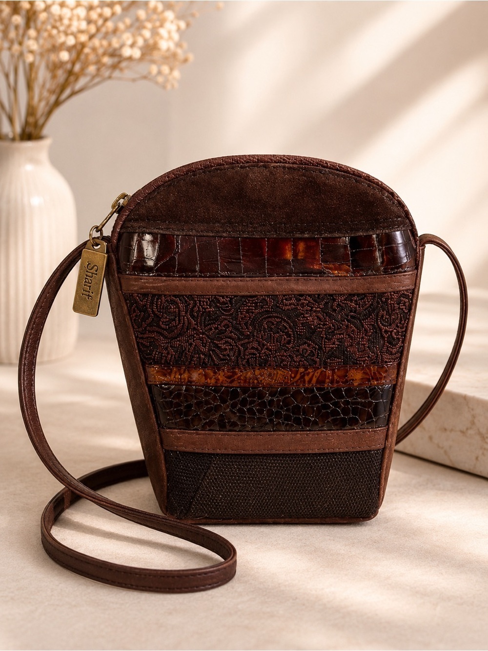 Sharif Vintage Brown Leather Patchwork Crossbody Bag Embossed Boho Purse